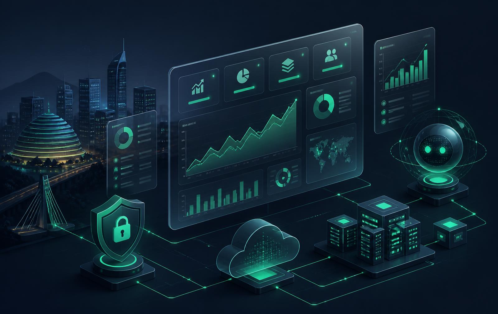 Financial dashboards, secure cloud infrastructure, and an AI assistant connected across a Kigali business skyline